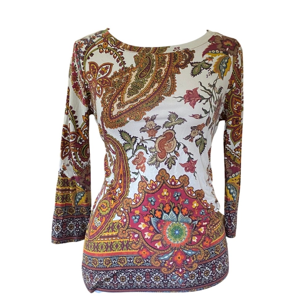Desigual Y2K Paisley Floral Bedazzled Rhinestone White Top Small Boho Hippie 90s